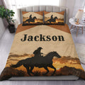 Cowboy duvet cover set with horseback rider silhouette, western sunset, and coordinated pillowcases