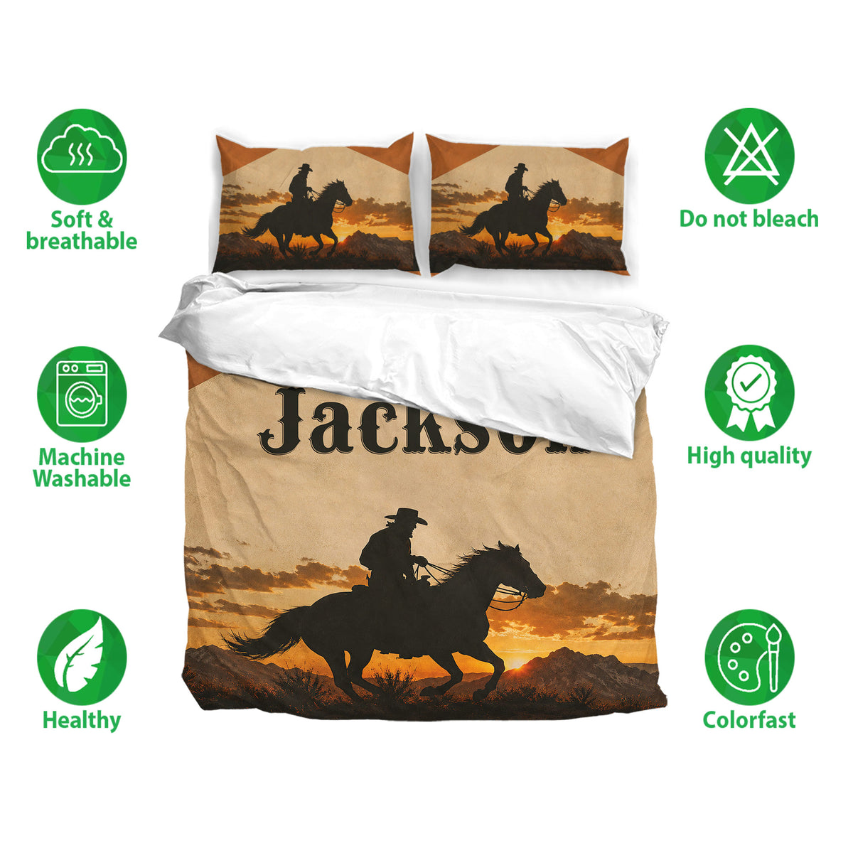Western cowboy bedding set displayed with horse rider artwork and warm sunset colors