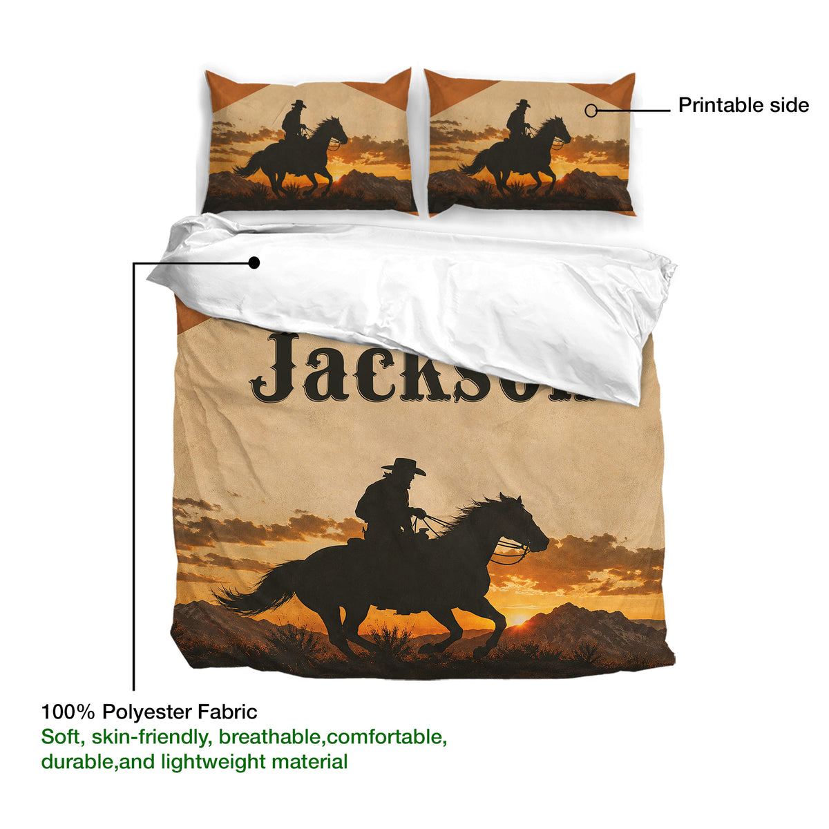 Cowboy duvet cover and pillowcases showing a horseback rider design in a western landscape