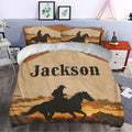 Cowboy bedroom decor featuring a western duvet cover set with rider and horse artwork