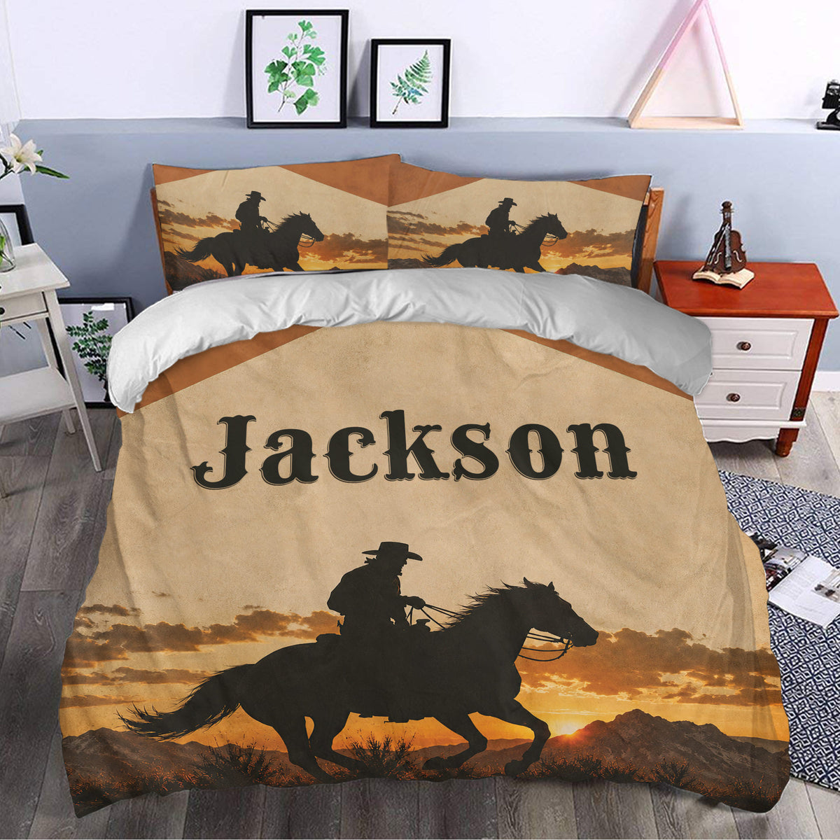 Cowboy bedroom decor featuring a western duvet cover set with rider and horse artwork