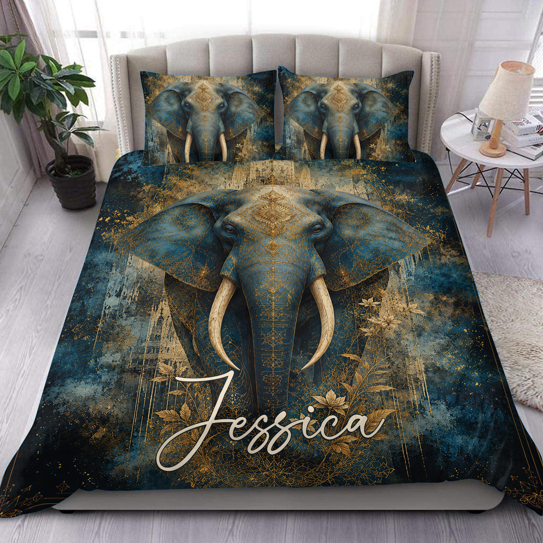 Elephant duvet cover set displayed on a bed with ornate blue and gold artwork and matching pillowcases
