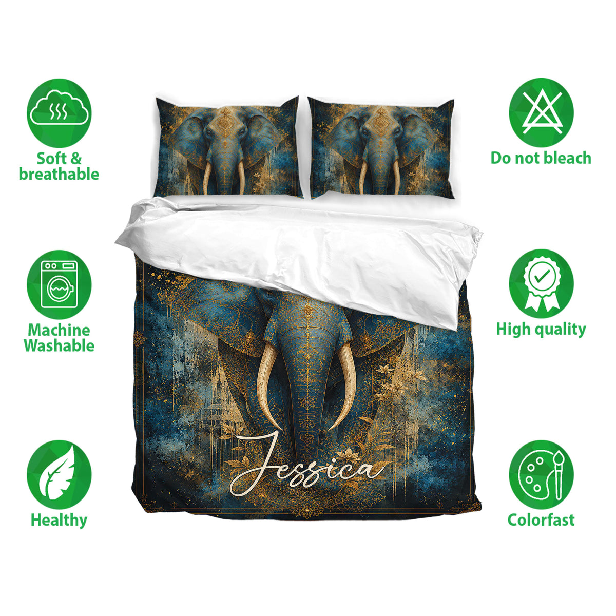 Elephant bedding set shown with matching pillowcases and soft breathable fabric feature icons