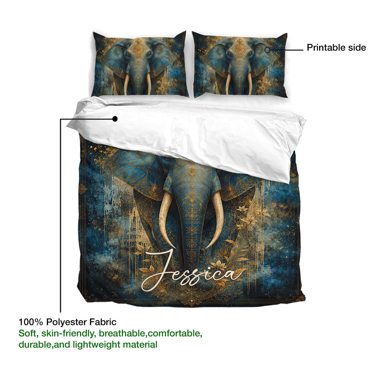Elephant duvet cover bedding set detail showing the printed side and lightweight polyester fabric