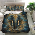 Decorative elephant bedding set presented in a bright bedroom with detailed blue and gold artwork