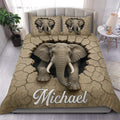 Elephant duvet cover bedding set displayed on a bed with cracked earth artwork in earthy brown tones