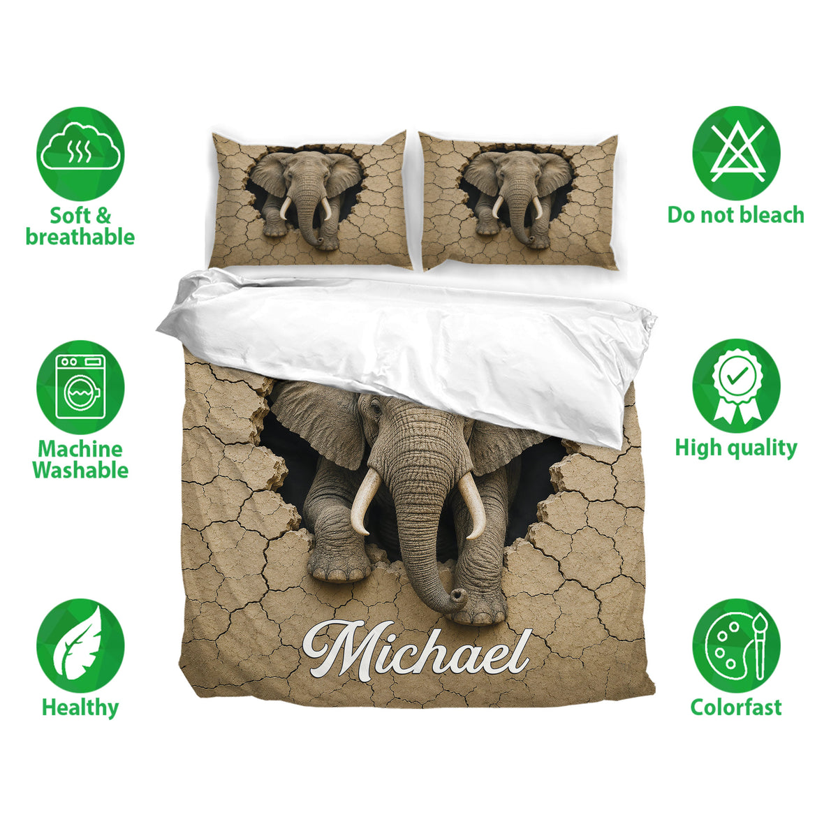 Elephant duvet cover set with matching pillowcases shown in a full bedding presentation and feature layout