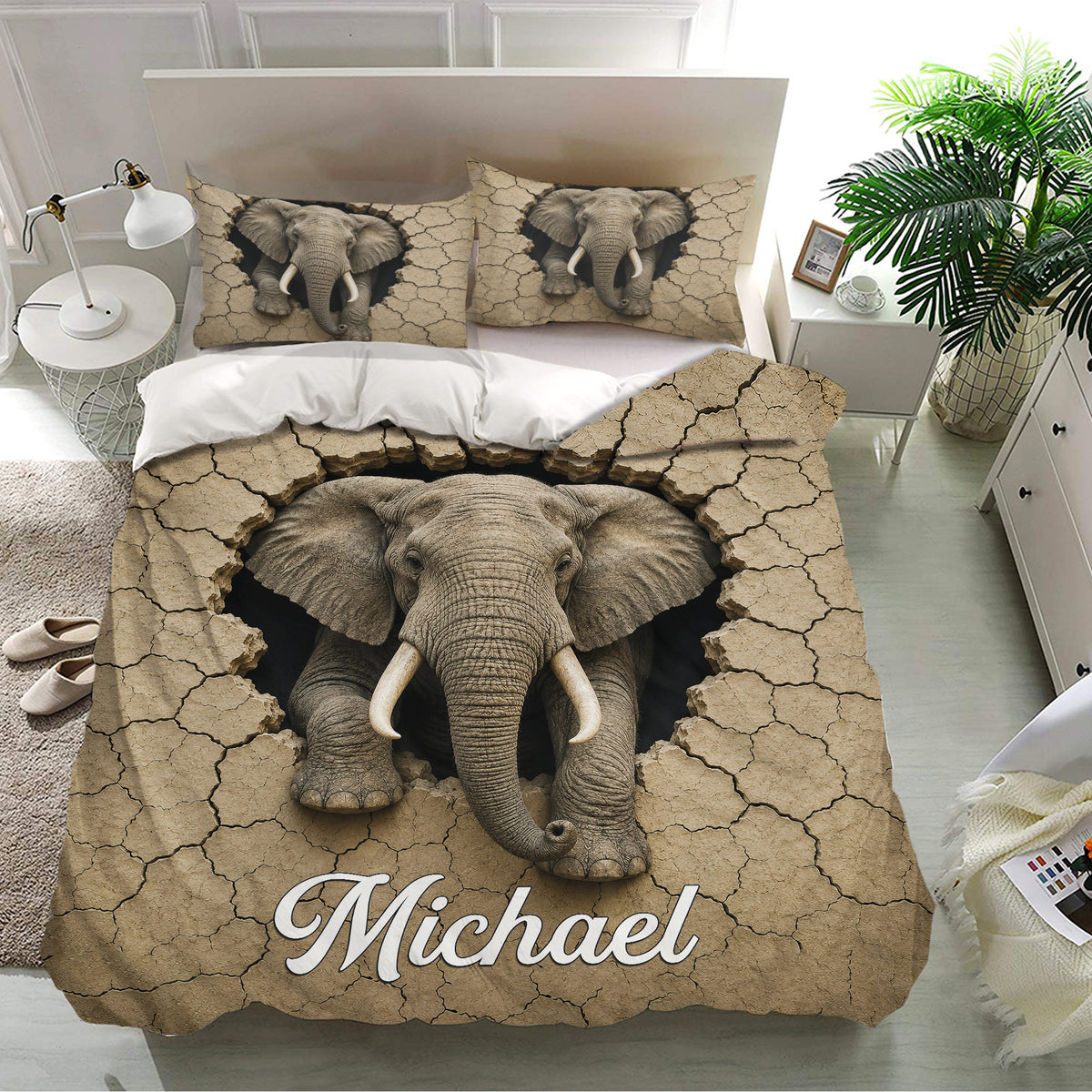 Elephant duvet cover set displayed in a bright bedroom with matching pillowcases and dramatic cracked earth design