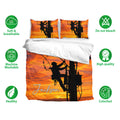Lineman bedding set with matching pillowcases, orange sunset artwork, and breathable machine-washable fabric icons
