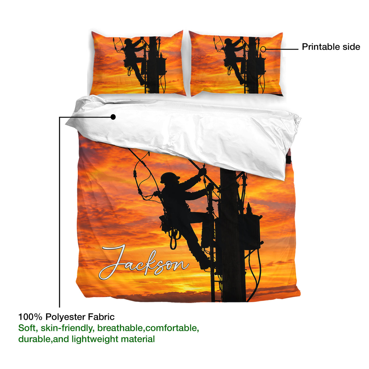 Lineman duvet cover bedding set showing printable artwork on soft polyester fabric with utility pole silhouettes