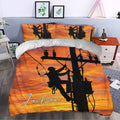 Lineman duvet cover set styled in a bedroom with electrical worker silhouettes and dramatic sunset colors