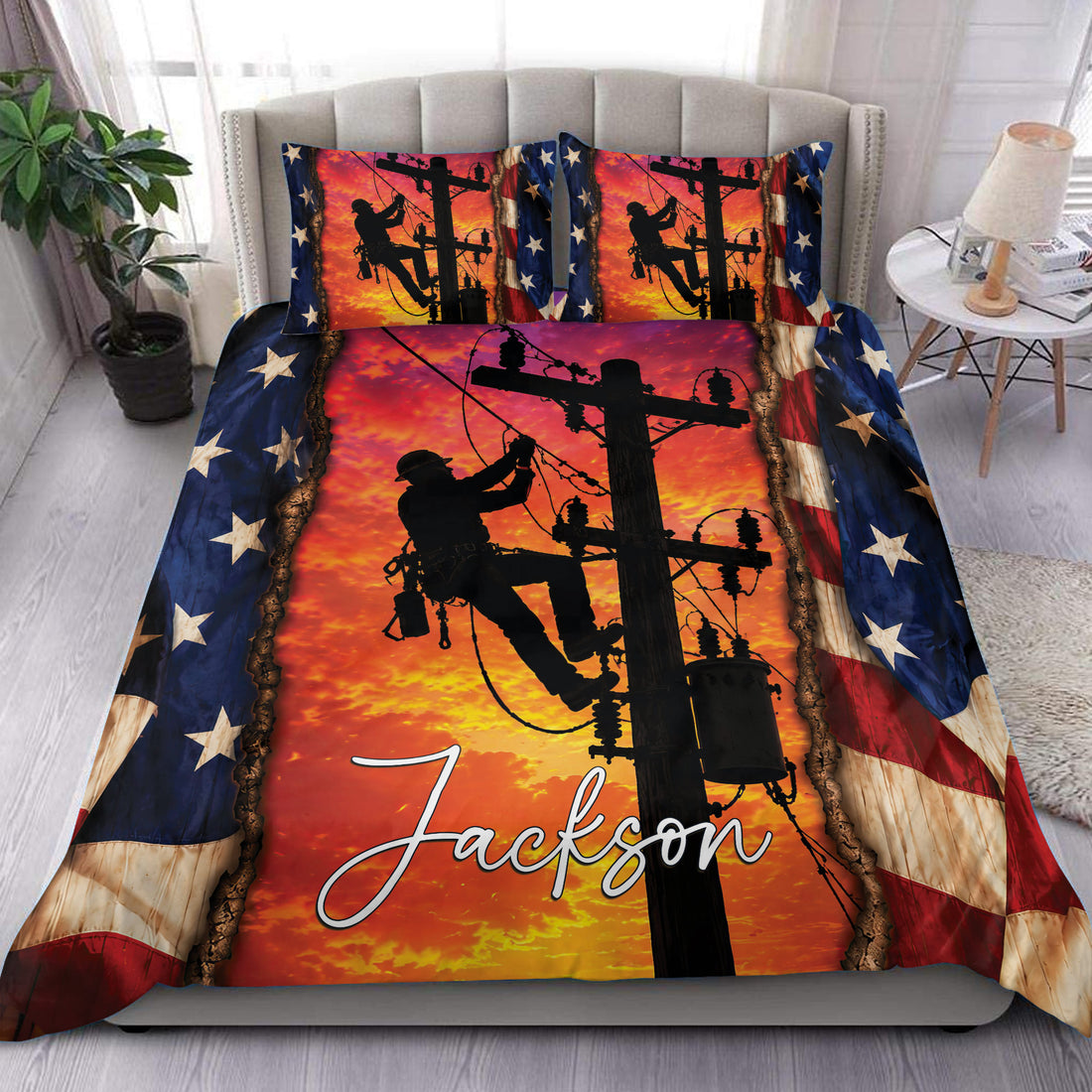Lineman duvet cover set displayed on a bed with a utility worker silhouette, power pole, sunset, and patriotic stars