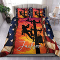 Lineman duvet cover set displayed on a bed with a utility worker silhouette, power pole, sunset, and patriotic stars