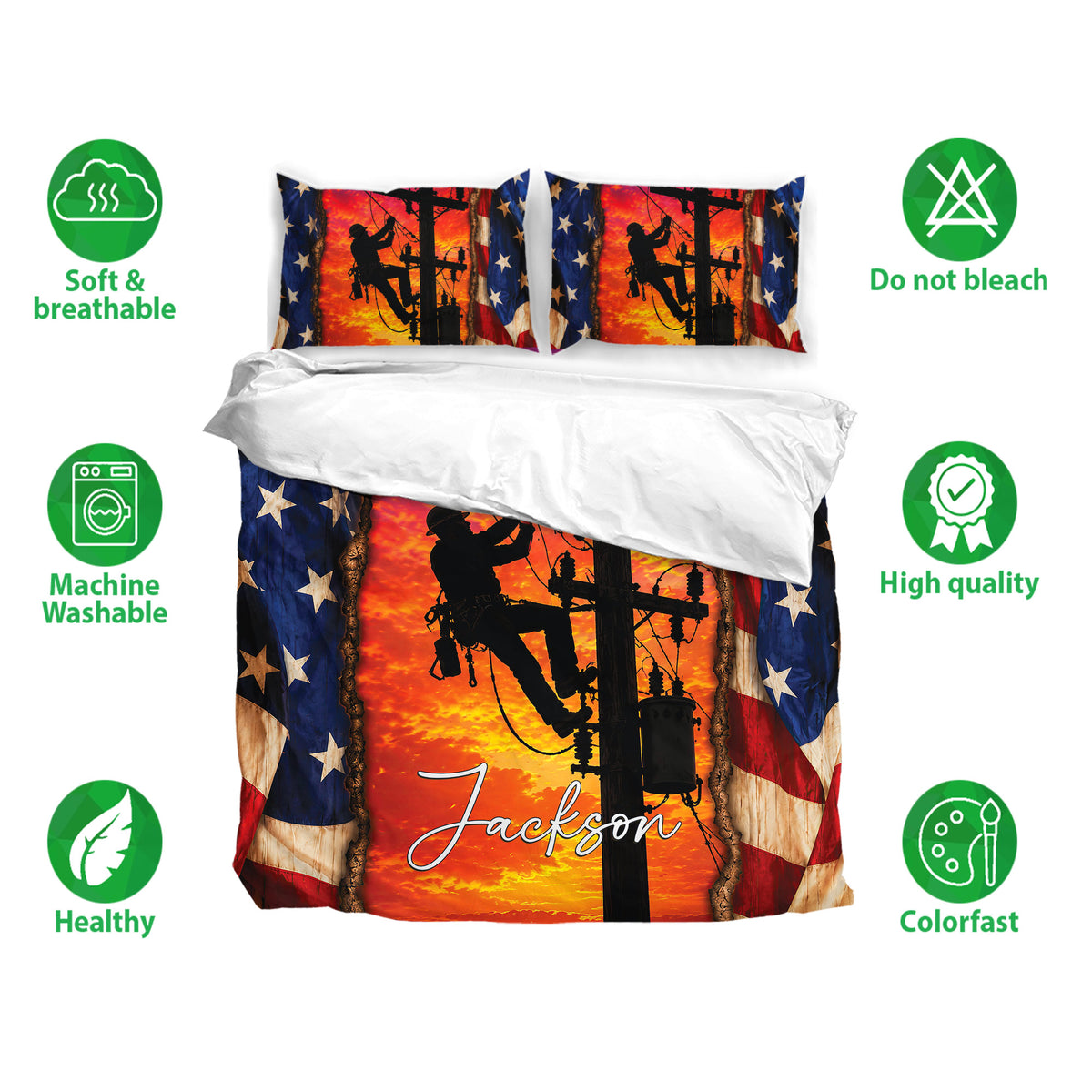Lineman bedding set with matching pillowcases, vivid sunset artwork, power lines, stars, and breathable fabric icons