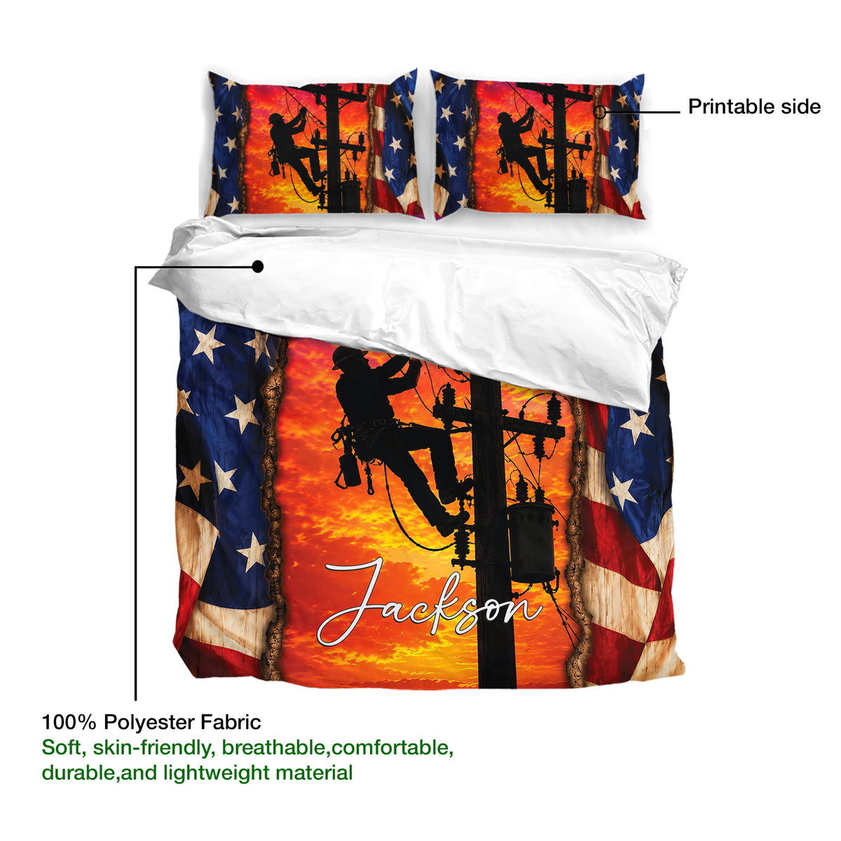 Lineman duvet cover bedding set detail showing the printed side, utility worker artwork, and soft polyester fabric