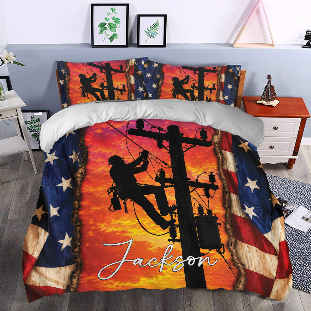 Lineman duvet cover styled in a bedroom with bold sunset colors, power pole artwork, and patriotic star borders