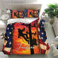 Lineman bedding set in a bright bedroom featuring a utility worker silhouette, power lines, and red, white, and blue accents