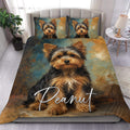 Yorkie duvet cover bedding set featuring a detailed portrait dog design in teal, gold, and brown tones
