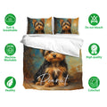 Yorkie bedding set displayed on a bed with matching dog portrait pillowcases and soft teal artwork