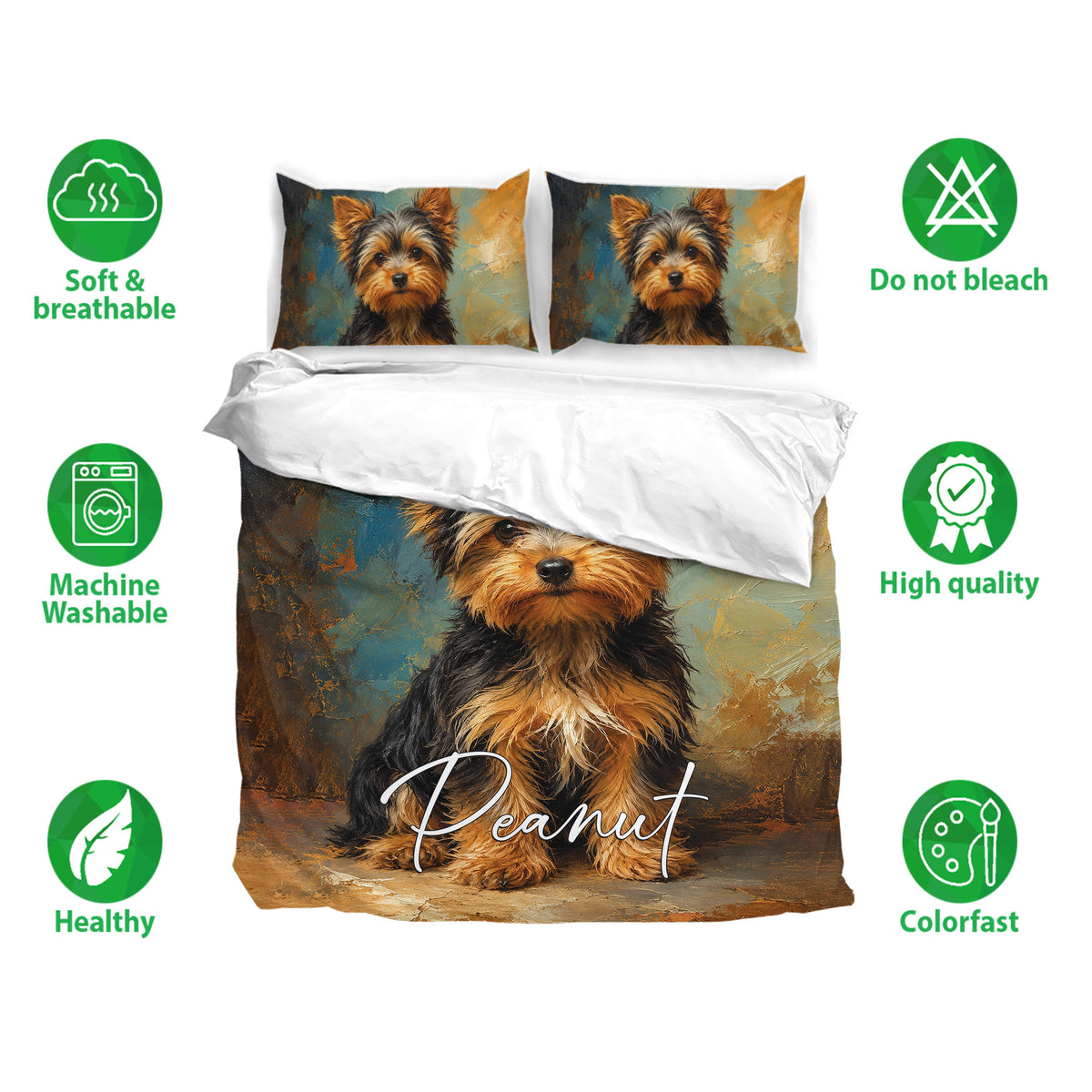 Yorkie bedding set displayed on a bed with matching dog portrait pillowcases and soft teal artwork