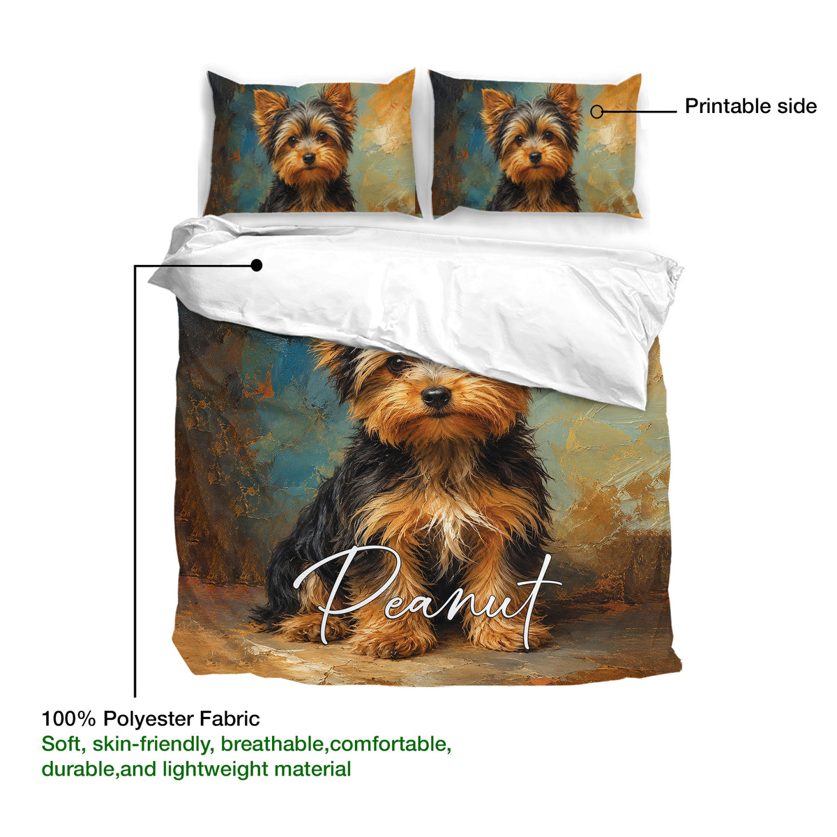 Yorkie duvet cover design guide showing the printed side and detailed dog artwork across the bedding