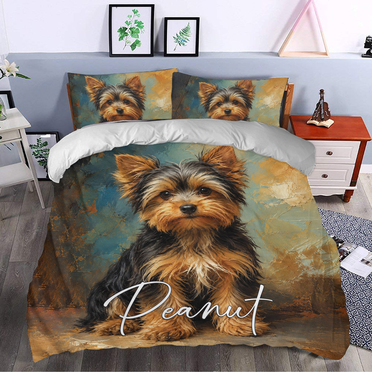 Yorkie duvet cover bedding set styled in a modern bedroom with matching portrait pillowcases