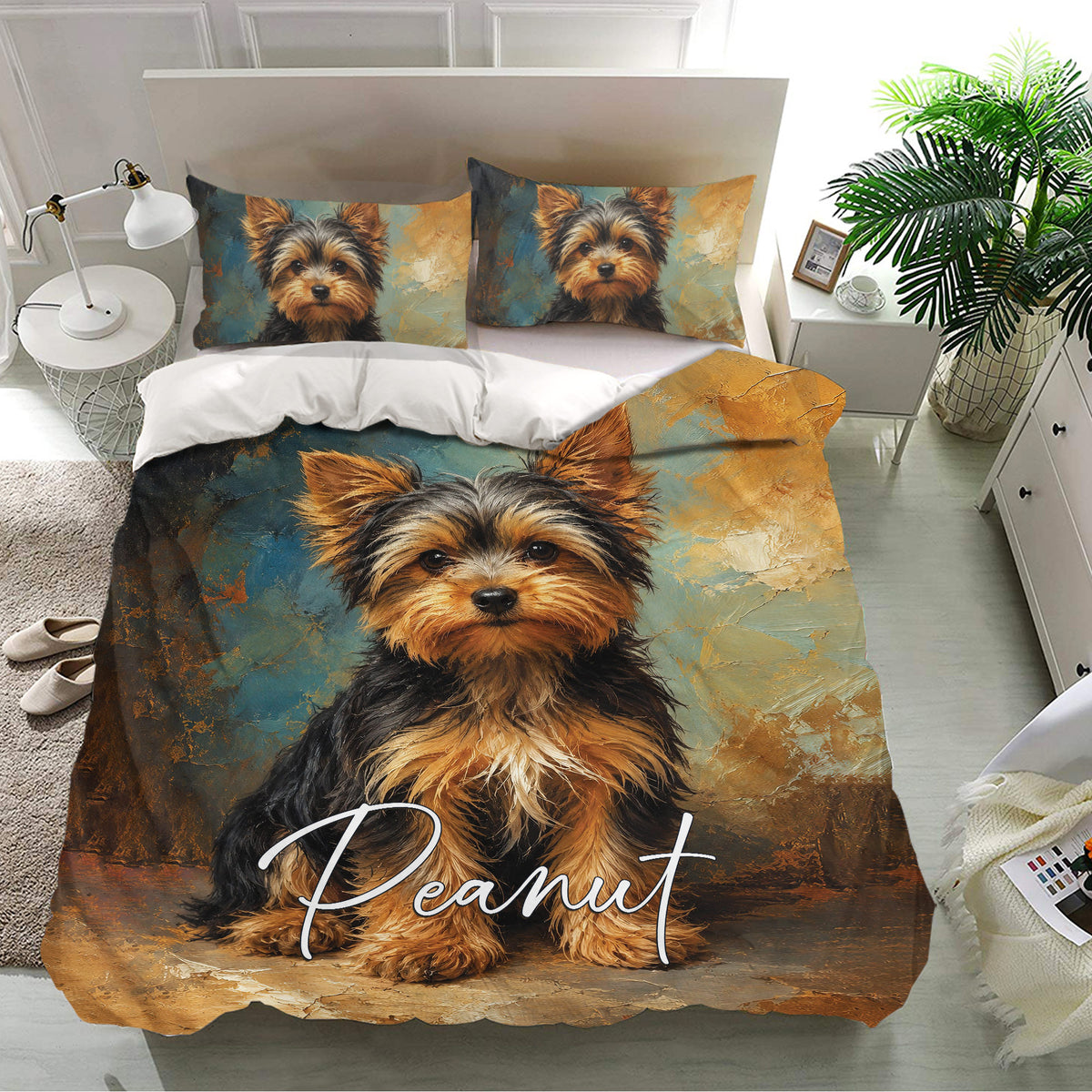 Yorkie dog bedding set presented in a bright bedroom with artistic teal and gold portrait artwork