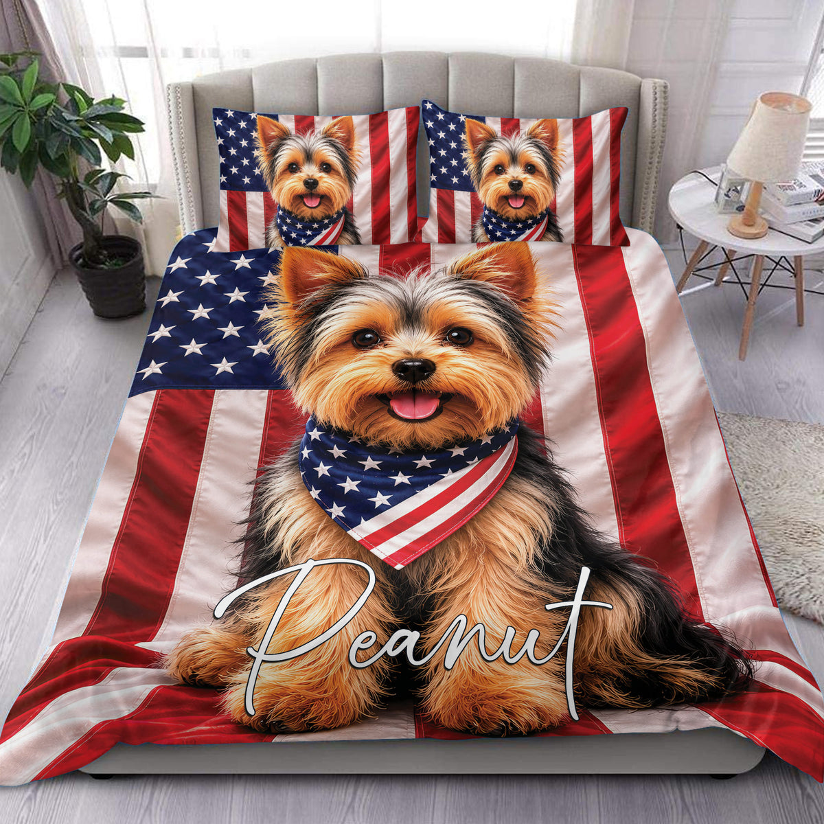 Patriotic Yorkie duvet cover set displayed on a bed with red, white, and blue flag artwork
