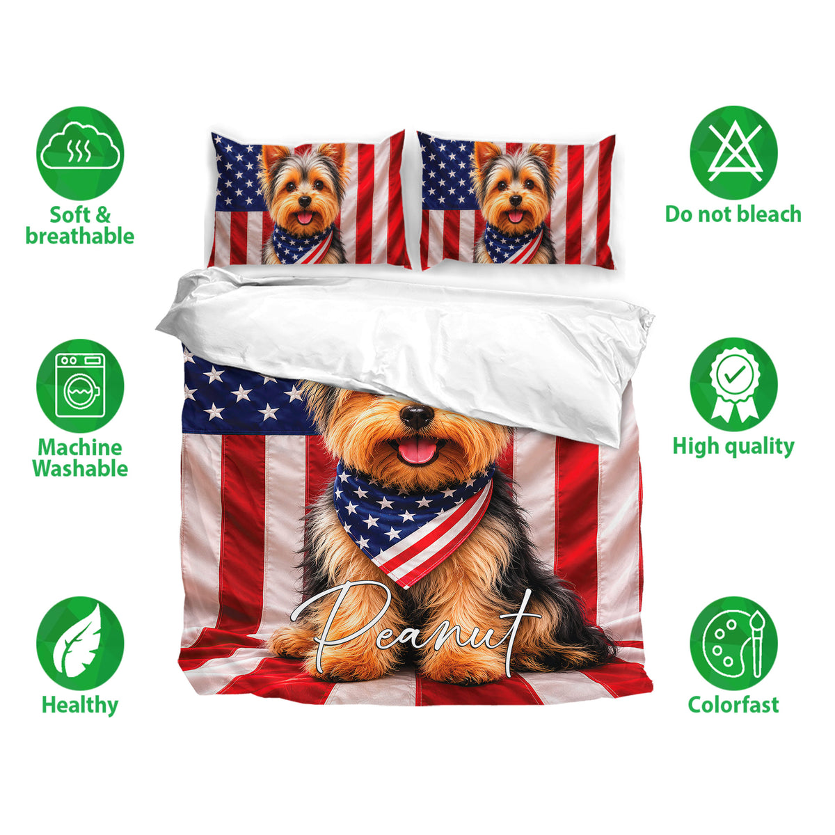 Yorkie bedding set with patriotic flag design, soft breathable fabric, and coordinated pillowcases