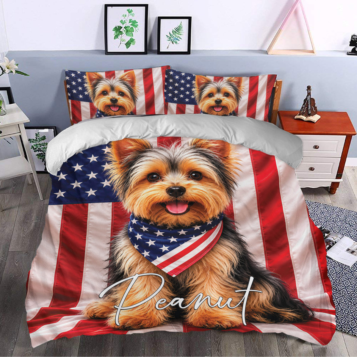 Patriotic Yorkie bedding displayed in a styled bedroom with matching red, white, and blue artwork