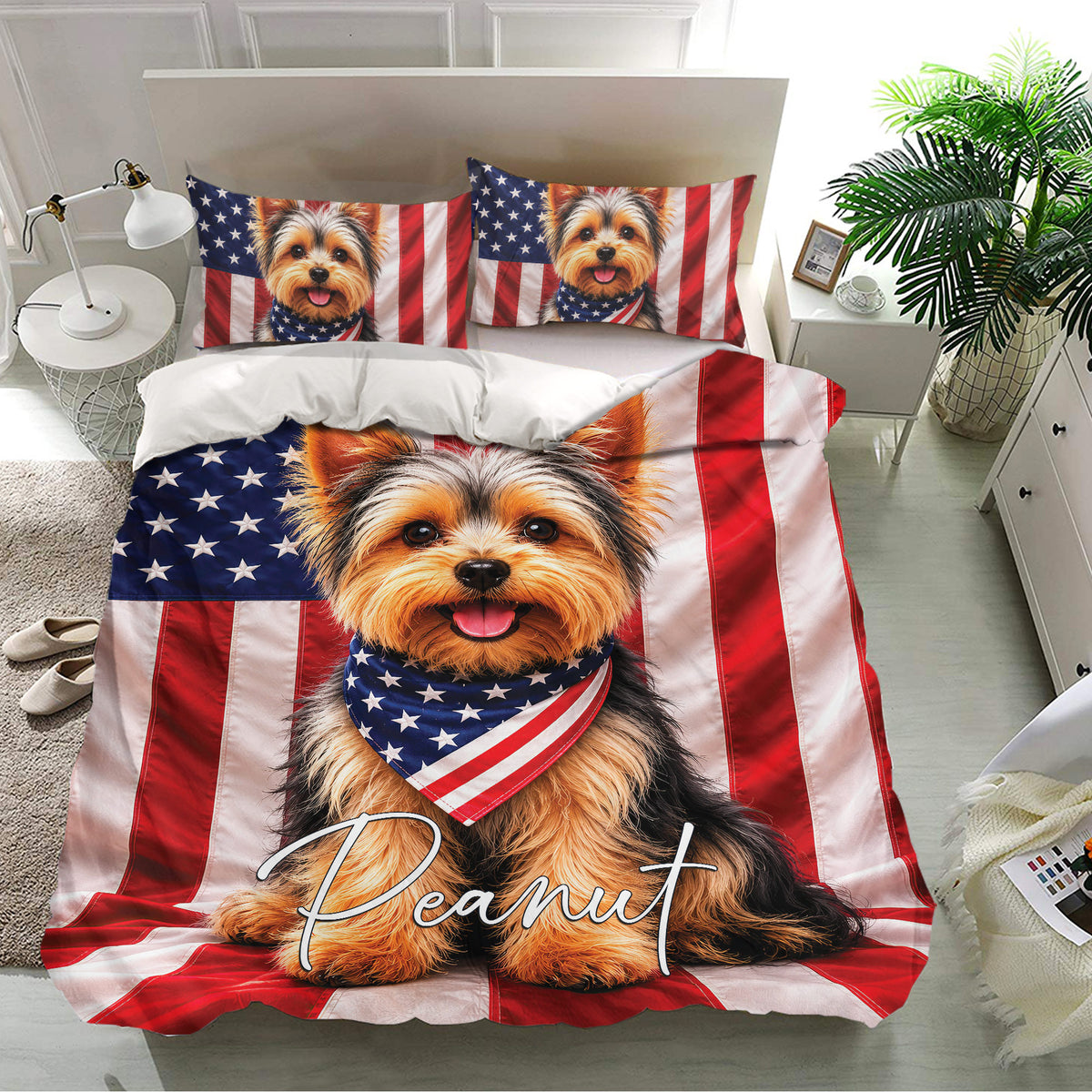 Yorkie duvet cover bedding set presented in a bright bedroom with flag-inspired stripes and stars
