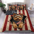 Yorkie duvet cover set displayed on a bed with patriotic red, white and blue flag-inspired artwork