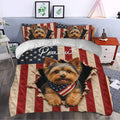 Patriotic Yorkie duvet cover styled in a bedroom with red, white and blue artwork and matching pillows