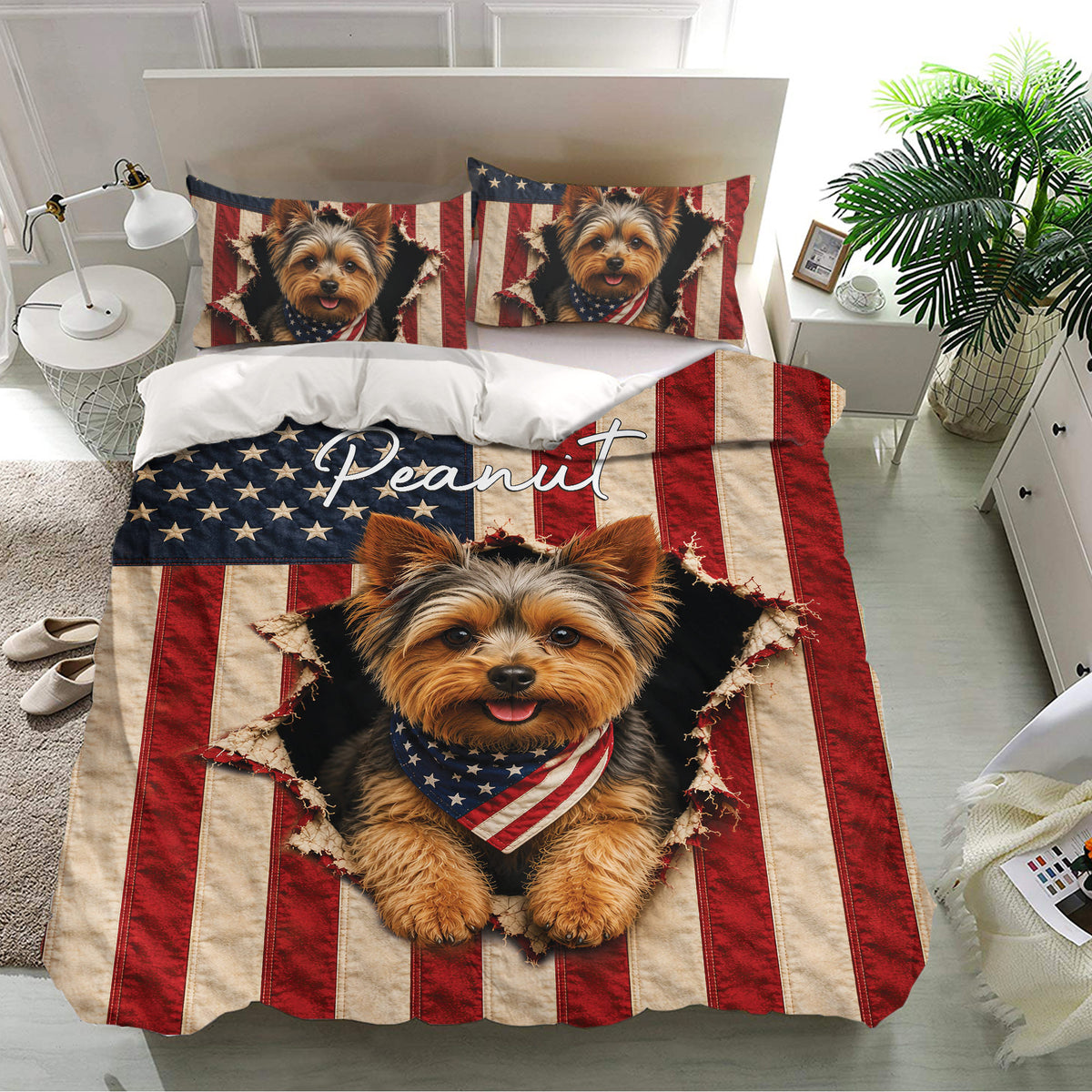 Yorkie bedding set displayed on a modern bed with bold flag-inspired stripes and playful dog artwork