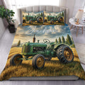 Custom tractor duvet cover set displayed on a modern bed with matching pillows and golden field artwork