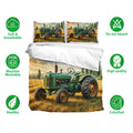 Tractor duvet cover bedding set shown with matching pillowcases, green farm machinery artwork, and care icons