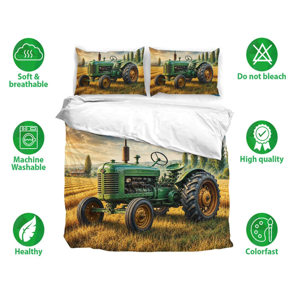 Tractor duvet cover bedding set shown with matching pillowcases, green farm machinery artwork, and care icons