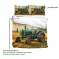 Tractor duvet cover set with green vintage farm scene, matching pillows, and printable fabric presentation