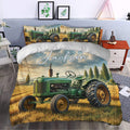 Vintage green tractor duvet cover bedding set styled in a bright bedroom with matching farm scene pillows