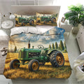 Rustic tractor bedding set displayed in a bedroom with green farm artwork and matching tractor pillowcases
