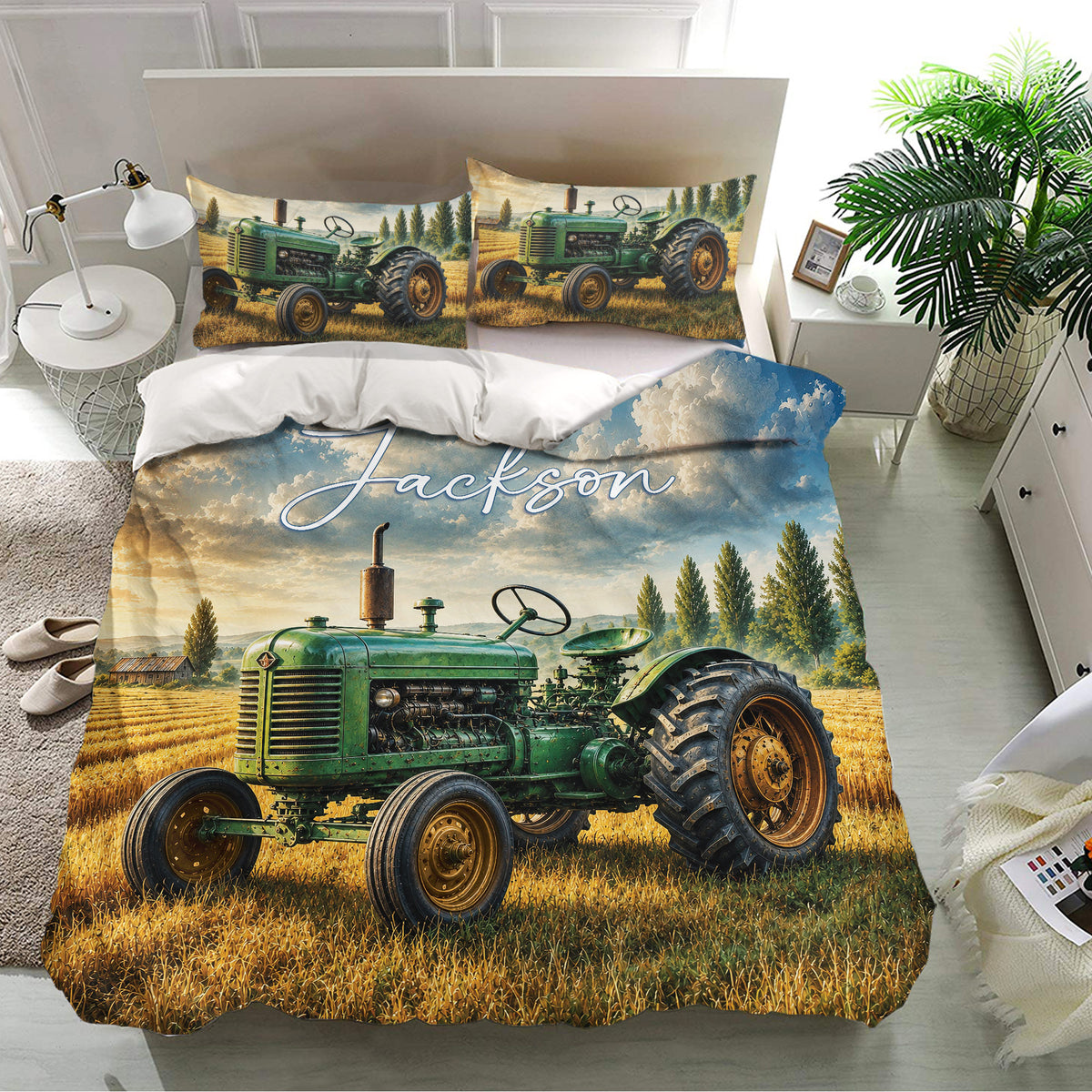 Rustic tractor bedding set displayed in a bedroom with green farm artwork and matching tractor pillowcases