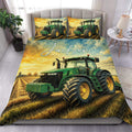 Tractor duvet cover set displayed on a bed with green farm machinery artwork and golden field scenery