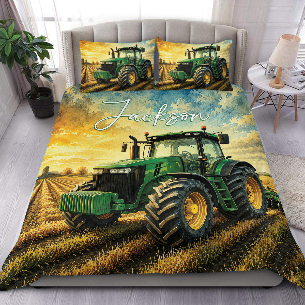 Tractor duvet cover set displayed on a bed with green farm machinery artwork and golden field scenery