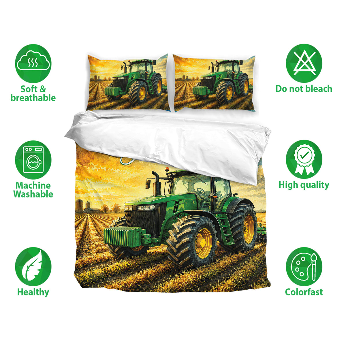 Tractor bedding set with green farm vehicle artwork, matching pillowcases, and a warm golden field design