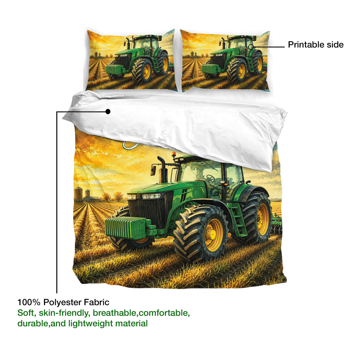 Tractor duvet cover set shown with printed green farm vehicle artwork and soft white reverse side