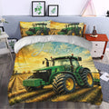 Tractor duvet cover bedding set styled in a bedroom with green farm machinery and harvested field artwork