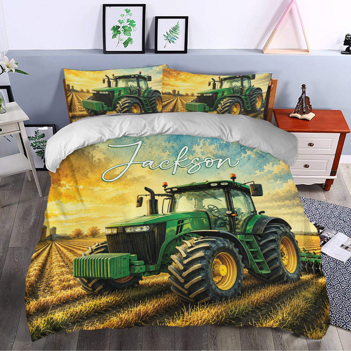 Tractor duvet cover bedding set styled in a bedroom with green farm machinery and harvested field artwork