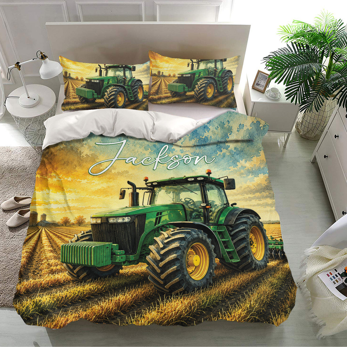 Farm tractor duvet cover set presented in a bright bedroom with matching agricultural artwork on the pillows