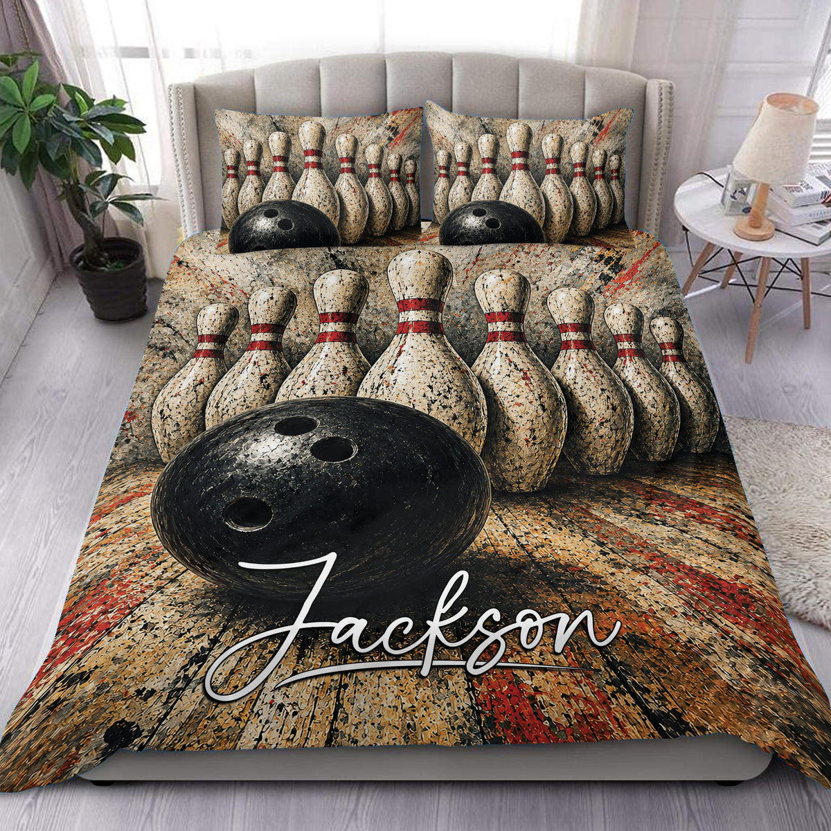 Bowling duvet cover set featuring a black bowling ball and pins in a distressed red and tan design