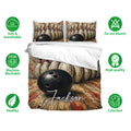 Bowling bedding set displayed with matching pillowcases, soft breathable fabric, and distressed pin artwork